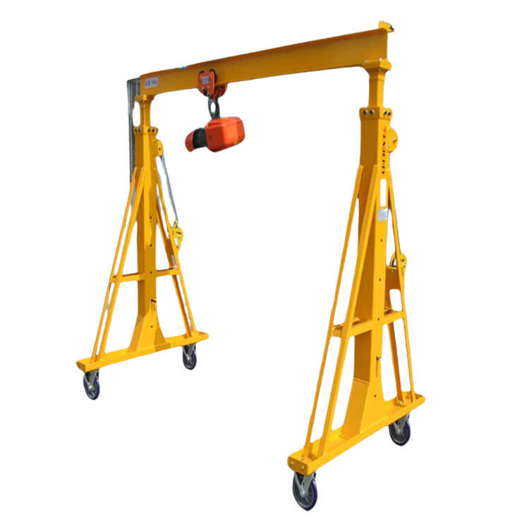 Yellow portable gantry crane with an orange hoist, a MacDonald Crane, for lifting heavy objects. The crane has wheels for easy movement in Boston, MA.
