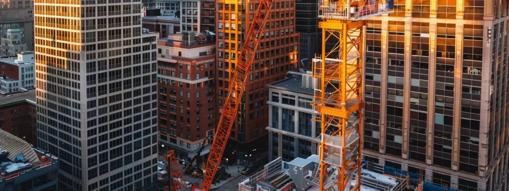 Construction cranes in Boston, MA, stand tall among city buildings. Construction services for new buildings and infrastructure projects.
