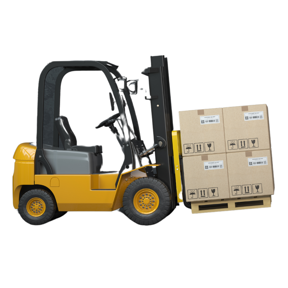 Yellow forklift carrying a pallet of cardboard boxes. MacDonald Crane services for material handling solutions.