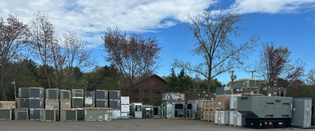 Macdonald Crane: HVAC units and equipment stacked outdoors, with trees and a building in the background, under a partly cloudy sky.