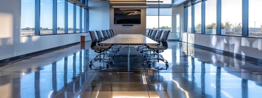 Conference room with a long table and chairs, large windows, and a polished concrete floor. Modern interior design for business meetings.