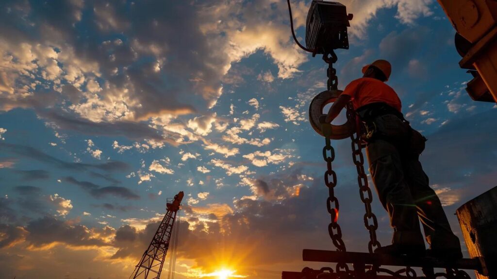Construction worker securing chain on crane at sunset. Crane services in Boston, MA ensure safe and efficient lifting operations.
