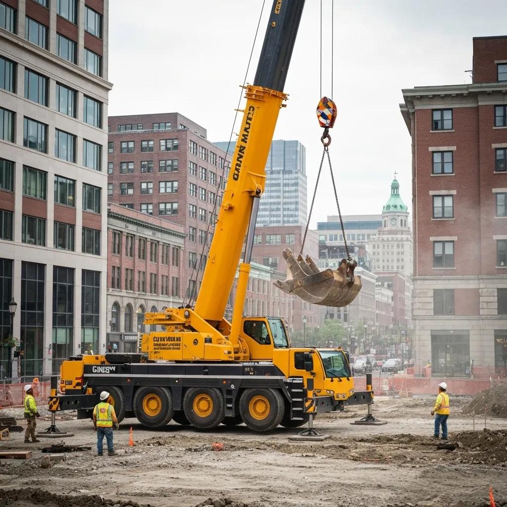 Crane rental Boston, MA: A large yellow crane lifts a bucket at a construction site in the city. Workers are wearing safety vests.