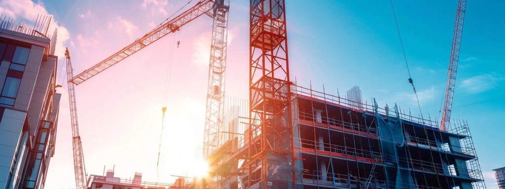 Building construction with cranes, Boston, MA. Steel framework and scaffolding highlight the ongoing construction project against a sunny sky.