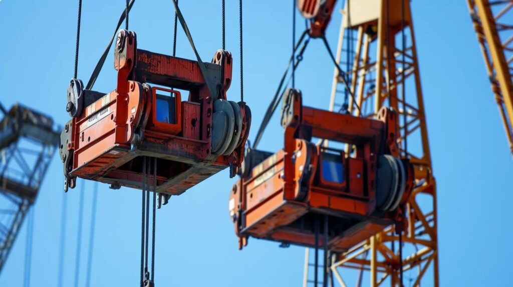 Cranes with rigging equipment for rigging services. Orange industrial crane with pulley system against a clear blue sky. Boston, MA rigging.