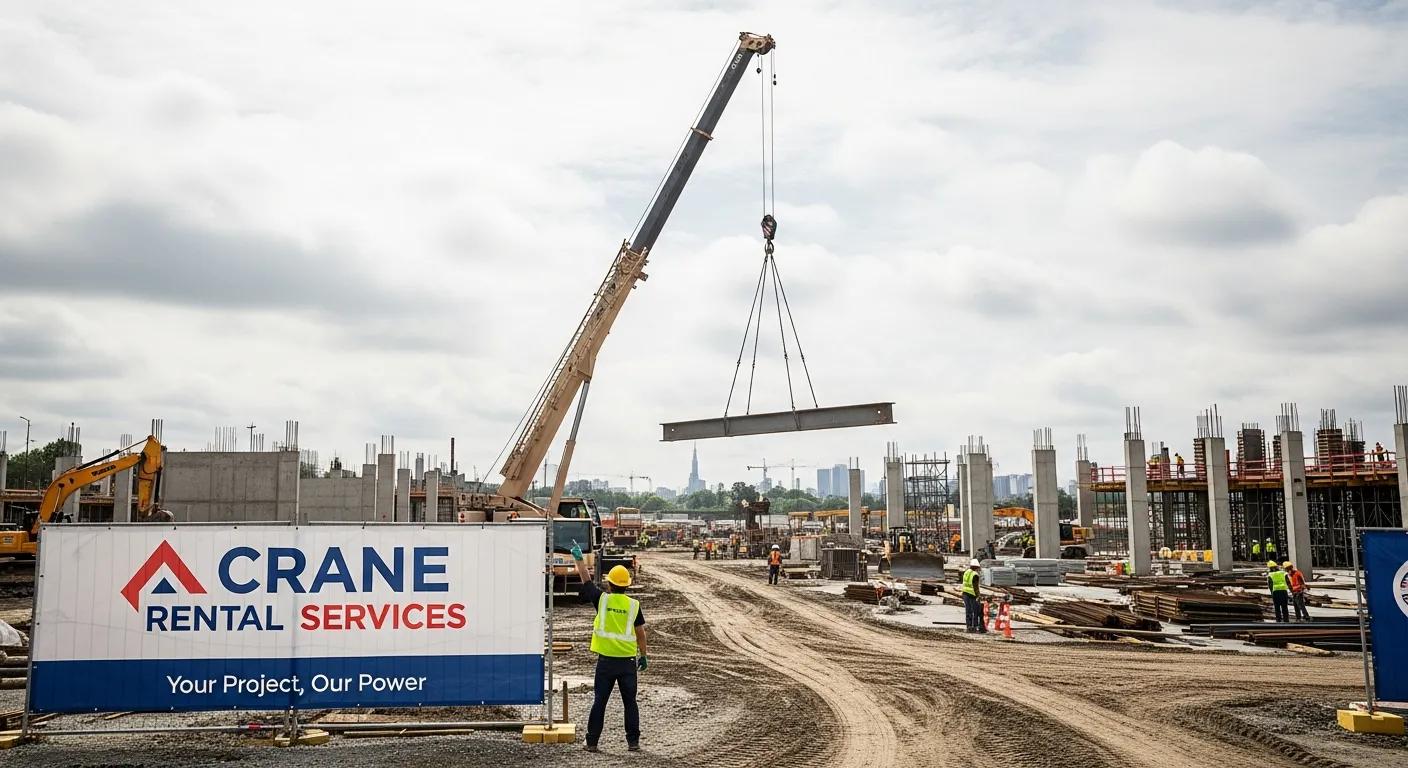 Crane lifting heavy load at a construction site, illustrating crane rental services